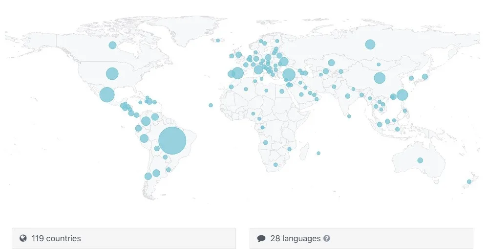 Carte du monde : élèves dans 119 pays et 33 langues